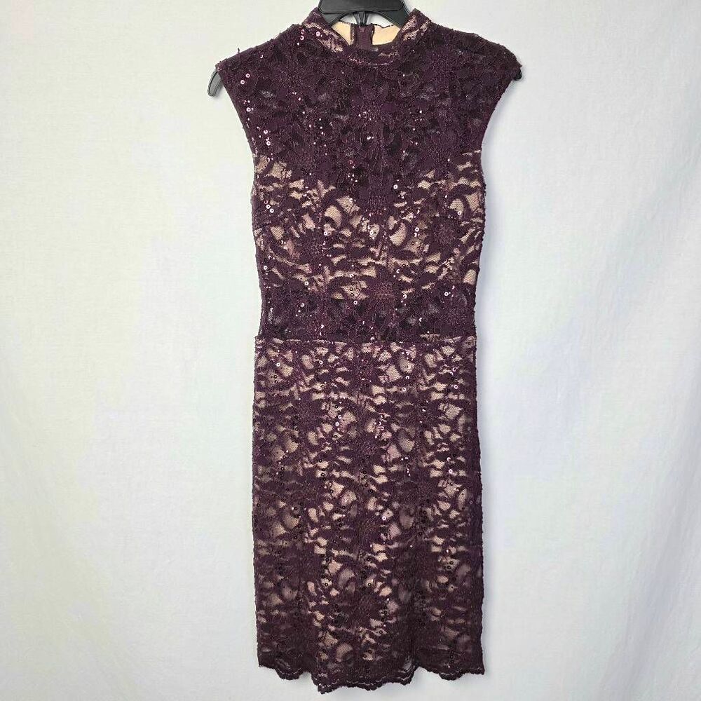 B. Darlin Burgundy Lace Sequin Sheath Dress 3/4